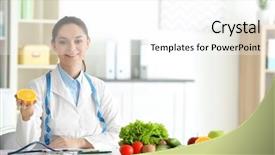  Presentation with clinical nutrition - Presentation design with clinical nutrition - young female nutritionist holding half background and a white colored foreground
