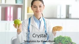  Presentation with clinical nutrition - Beautiful slide set featuring clinical nutrition - young female nutritionist holding tasty backdrop and a light blue colored foreground
