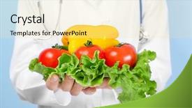  Presentation with weight loss - Theme featuring clinical nutrition - young nutritionist with fresh vegetables background and a blonde colored foreground