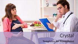  Presentation with doctor discussing parents - Theme featuring clinical nutrition baby - pregnant woman visiting doctor discussing background and a  colored foreground