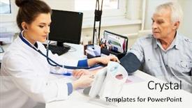  Presentation with blood pressure - Audience pleasing PPT layouts consisting of clinical practice - senior man measuring blood pressure backdrop and a sky blue colored foreground