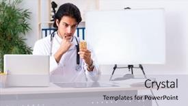  Presentation with working in a clinic - Presentation enhanced with clinical practice - young handsome doctor working background and a  colored foreground