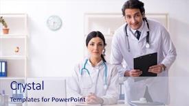  Presentation with clinic - Presentation consisting of clinical record - two young doctors working background and a  colored foreground