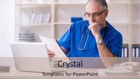  Presentation with working - Presentation design featuring clinical record - white bearded old doctor working background and a mint green colored foreground