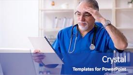  Presentation with working - Slide set enhanced with clinical record - white bearded old doctor working background and a ocean colored foreground