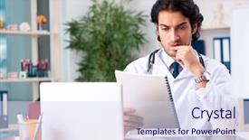  Presentation with working in a clinic - Colorful PPT theme enhanced with clinical record - young handsome doctor working backdrop and a sky blue colored foreground