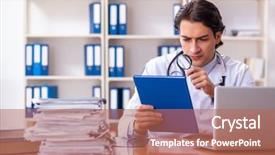  Presentation with working in a clinic - Presentation theme enhanced with clinical record - young handsome doctor working background and a coral colored foreground