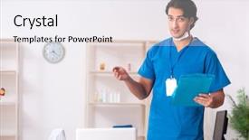  Presentation with clinic - PPT theme with clinical record - young handsome doctor working background and a sky blue colored foreground