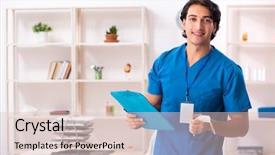  Presentation with record - Presentation theme enhanced with clinical record - young handsome doctor working background and a lemonade colored foreground