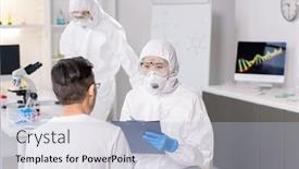  Presentation with laboratory - Colorful PPT layouts enhanced with clinical-researcher-in-protective-suit backdrop and a light blue colored foreground