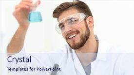  Presentation with solution - Amazing theme having clinical study - closeup chemist holding a beaker backdrop and a  colored foreground
