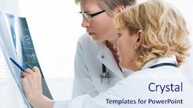  Presentation with doctor discussing family - Amazing PPT theme having clinical study - female doctors discussing x-ray image backdrop and a sky blue colored foreground