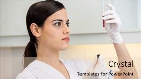  Presentation with sample - Amazing PPT theme having clinical study - female technician examining blood sample backdrop and a  colored foreground