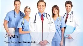  Presentation with medical simulation - Audience pleasing PPT theme consisting of clinical study - group of smiling medical doctors backdrop and a  colored foreground