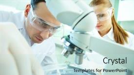  Presentation with laboratory chemical - Colorful slide set enhanced with clinical study - serious clinician studying chemical element backdrop and a soft green colored foreground