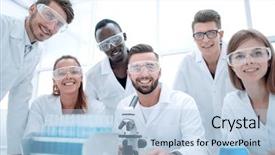  Presentation with research - Audience pleasing presentation theme consisting of clinicians experimentation in research laboratory backdrop and a light blue colored foreground