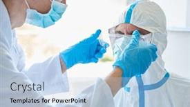  Presentation with covid - Audience pleasing PPT layouts consisting of clinicians-in-protective-clothing-prepare backdrop and a light blue colored foreground