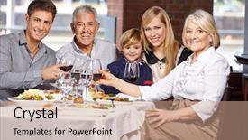  Presentation with restaurant family - Presentation theme enhanced with clinking glasses in a restaurant background and a coral colored foreground