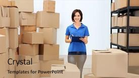  Presentation with warehouse cartoon - Amazing PPT theme having clipboard at logistics company warehouse backdrop and a coral colored foreground