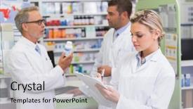  Presentation with hospital pharmacy - PPT theme featuring male pharmasict - focused pharmacist writing on clipboard background and a  colored foreground