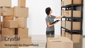  Presentation with warehouse cartoon - Beautiful presentation theme featuring clipboard checking orders at warehouse backdrop and a coral colored foreground