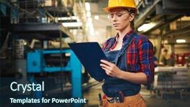  Presentation with manufacturing plant - Slide set featuring clipboard in hands taking necessary background and a ocean colored foreground