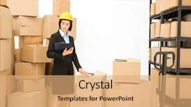  Presentation with warehouse logistics - PPT theme with clipboard in logistics company warehouse background and a  colored foreground