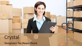  Presentation with warehouse cartoon - Beautiful PPT theme featuring clipboard in logistics company warehouse backdrop and a coral colored foreground