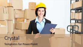  Presentation with logistics warehouse - Beautiful PPT theme featuring clipboard in logistics company warehouse backdrop and a  colored foreground