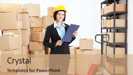  Presentation with warehouse cartoon - PPT layouts featuring clipboard in logistics company warehouse background and a coral colored foreground