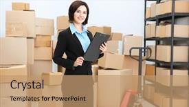  Presentation with logistics warehouse - PPT layouts enhanced with clipboard in logistics company warehouse background and a coral colored foreground