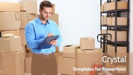  Presentation with warehouse logistics - Audience pleasing PPT theme consisting of clipboard in logistics company warehouse backdrop and a coral colored foreground