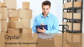  Presentation with logistics warehouse - Theme having clipboard in logistics company warehouse background and a coral colored foreground