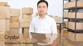  Presentation with warehouse cartoon - Slide deck having clipboard in logistics company warehouse background and a coral colored foreground