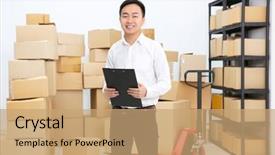  Presentation with warehouse cartoon - Presentation design consisting of clipboard in logistics company warehouse background and a coral colored foreground