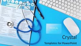  Presentation with clipboard stethoscope - Colorful presentation theme enhanced with clipboard on blue background backdrop and a cyan colored foreground