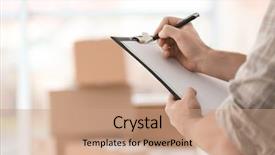  Presentation with boxes - Amazing theme having clipboard on blurred boxes background backdrop and a coral colored foreground