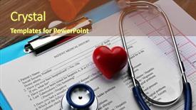  Presentation with medical clipboard - Presentation design featuring medical stethoscope clipboard pills and plastic heart on the table background and a tawny brown colored foreground
