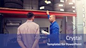  Presentation with mechanic car service repair maintenance - PPT theme featuring clipboard showing tire to man background and a ocean colored foreground