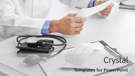  Presentation with pen - Amazing PPT theme having clipboard sphygmomanometer pen and cardiogram backdrop and a light gray colored foreground