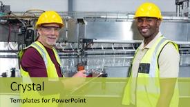  Presentation with factory workers - Beautiful presentation theme featuring clipboard standing next to production backdrop and a yellow colored foreground