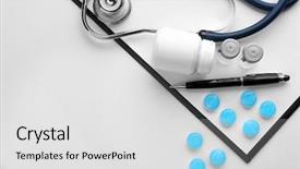  Presentation with clipboard stethoscope - PPT theme having clipboard stethoscope and cough drops background and a light gray colored foreground