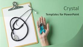  Presentation with healthcare blue ribbon - Theme with clipboard-stethoscope-and-hands-holding background and a mint green colored foreground