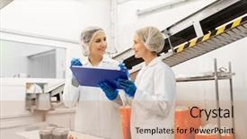  Presentation with food quality - Beautiful slide deck featuring food production industry and people concept - happy women technologists with clipboard tasting ice cream quality at factory backdrop and a coral colored foreground