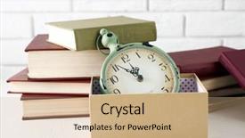  Presentation with vintage clock - Colorful presentation theme enhanced with clock and vintage books on light wall background backdrop and a coral colored foreground