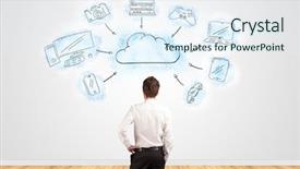  Presentation with cloud technology - Cool new slides with clock chart - young businessman in doubt looking backdrop and a sky blue colored foreground