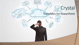  Presentation with cloud technology - Cool new slide set with clock chart - young businessman in doubt looking backdrop and a sky blue colored foreground