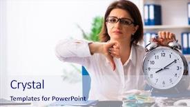  Presentation with employee profile company concept - Slide set enhanced with clock count down - female employee in budget planning background and a sky blue colored foreground