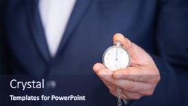  Presentation with time management - Audience pleasing PPT layouts consisting of clock-in-businessman-hand-deadline backdrop and a navy blue colored foreground