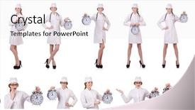  Presentation with doctor helps to get out of bed an elderly woman - Colorful slide deck enhanced with clock medical emergency - attractive woman doctor isolated backdrop and a  colored foreground